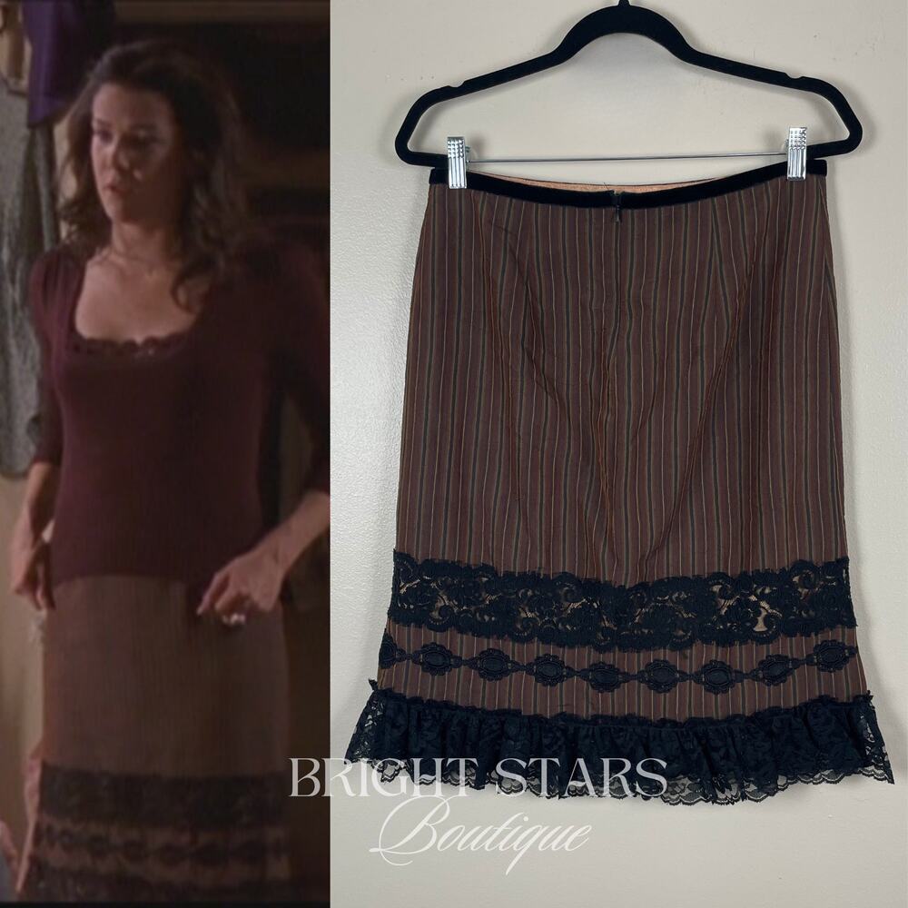 Rare Brown Stripe Lace Trim Pencil Skirt ASO Lorelai Gilmore Girls Vintage Y2K - Picture 2 of 9
